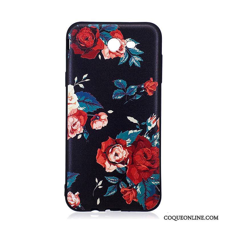 Samsung Galaxy J7 2017 Fleurs Noir Coque De Téléphone Fluide Doux Étui Peinture Gaufrage