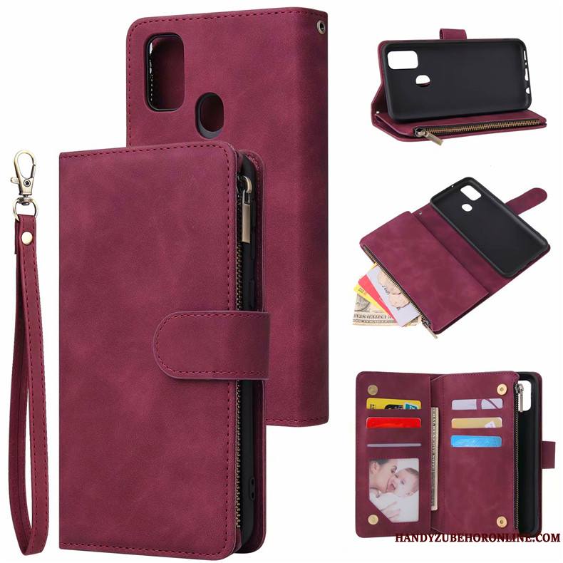 Samsung Galaxy M30s Carte Portefeuille Téléphone Portable Étoile Coque De Téléphone Vin Rouge Étui En Cuir