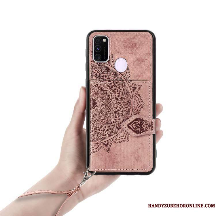 Samsung Galaxy M30s Coque Carte Étoile Modèle Fleurie Ornements Suspendus Rouge Tissu Étui