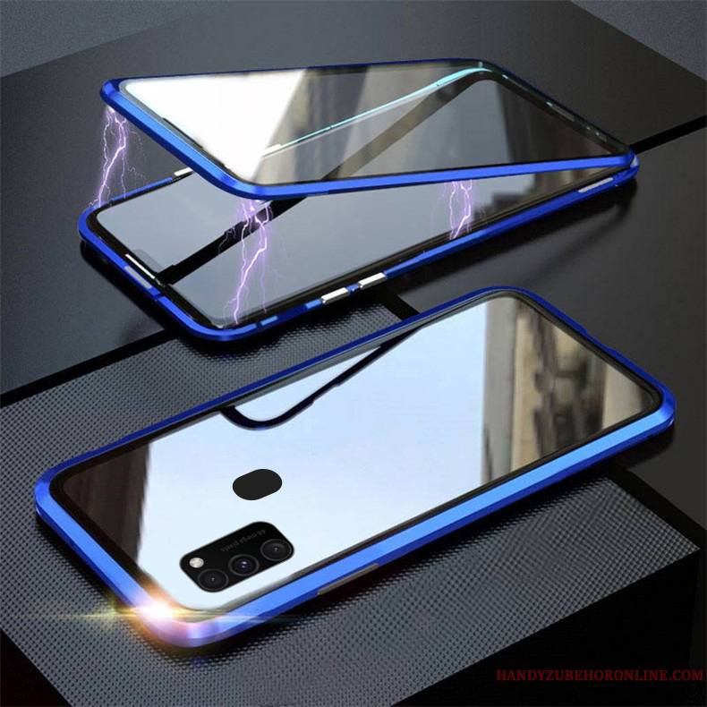 Samsung Galaxy M30s Coque Étui Incassable Transparent Rouge Magnétisme Verre