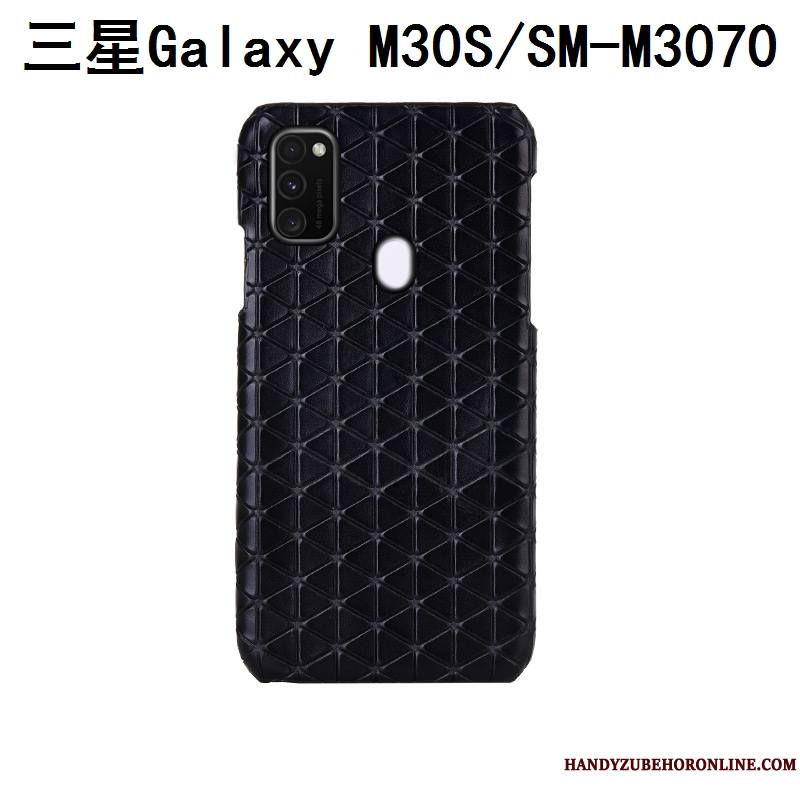 Samsung Galaxy M30s Luxe Cuir Véritable Bleu Couvercle Arrière Téléphone Portable Plaid Coque De Téléphone