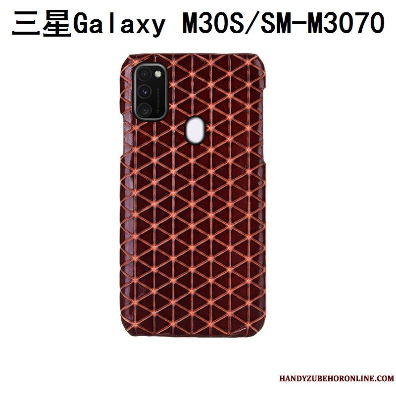 Samsung Galaxy M30s Luxe Cuir Véritable Bleu Couvercle Arrière Téléphone Portable Plaid Coque De Téléphone