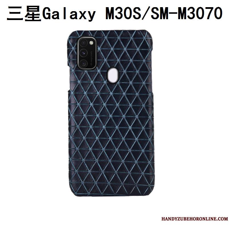 Samsung Galaxy M30s Luxe Cuir Véritable Bleu Couvercle Arrière Téléphone Portable Plaid Coque De Téléphone
