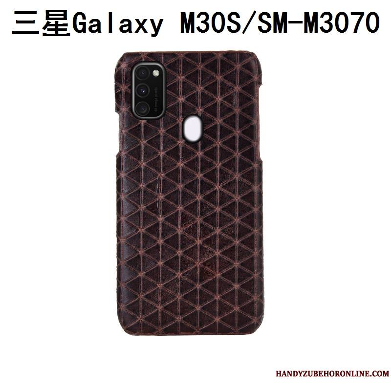 Samsung Galaxy M30s Luxe Cuir Véritable Bleu Couvercle Arrière Téléphone Portable Plaid Coque De Téléphone