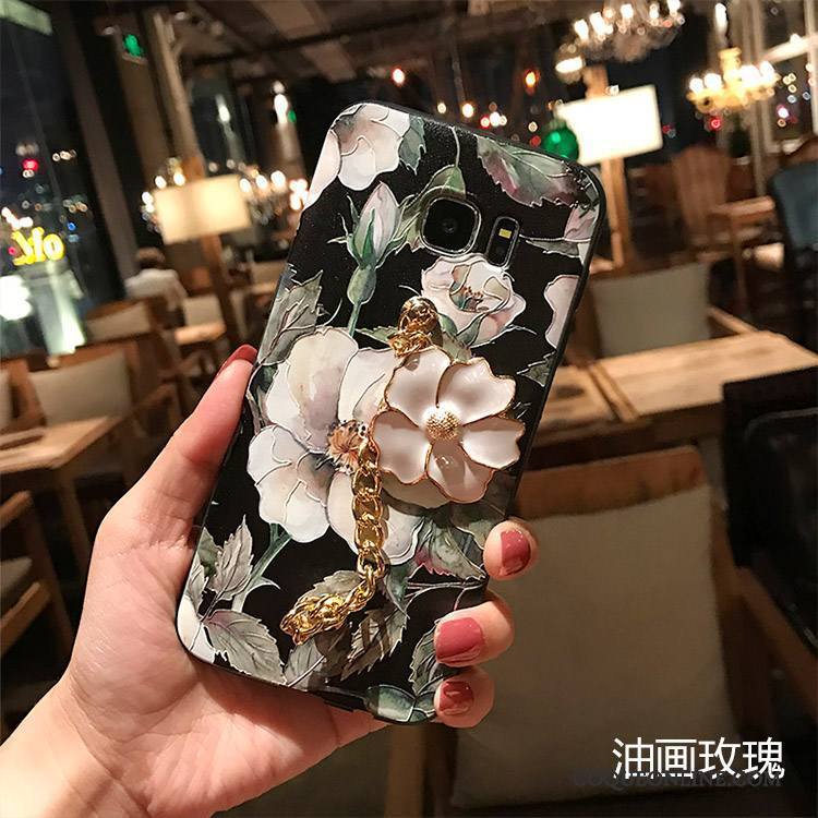 Samsung Galaxy Note 5 Coque Délavé En Daim Étoile Fleurs Noir Fluide Doux Gaufrage Multicolore