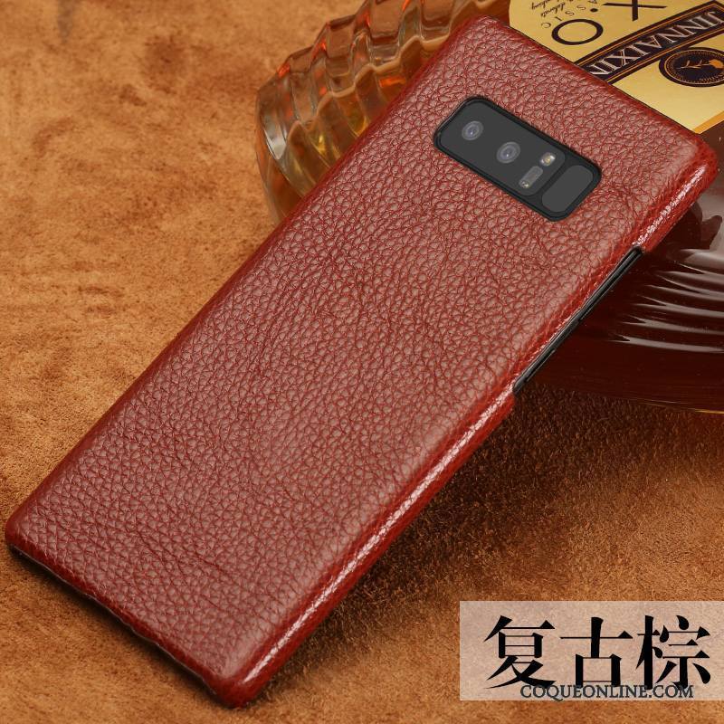 Samsung Galaxy Note 8 Coque Étui En Cuir Border Rouge Étoile Couleur Unie Cuir Véritable Simple