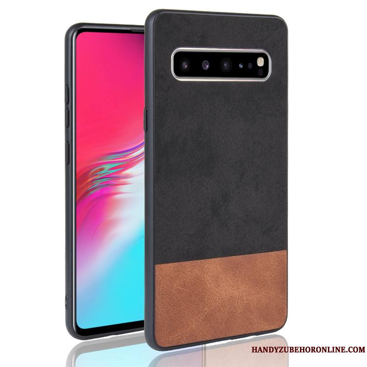 Samsung Galaxy S10 5g Cuir Coque Denim De Téléphone Couture Couleurs Étui Noir