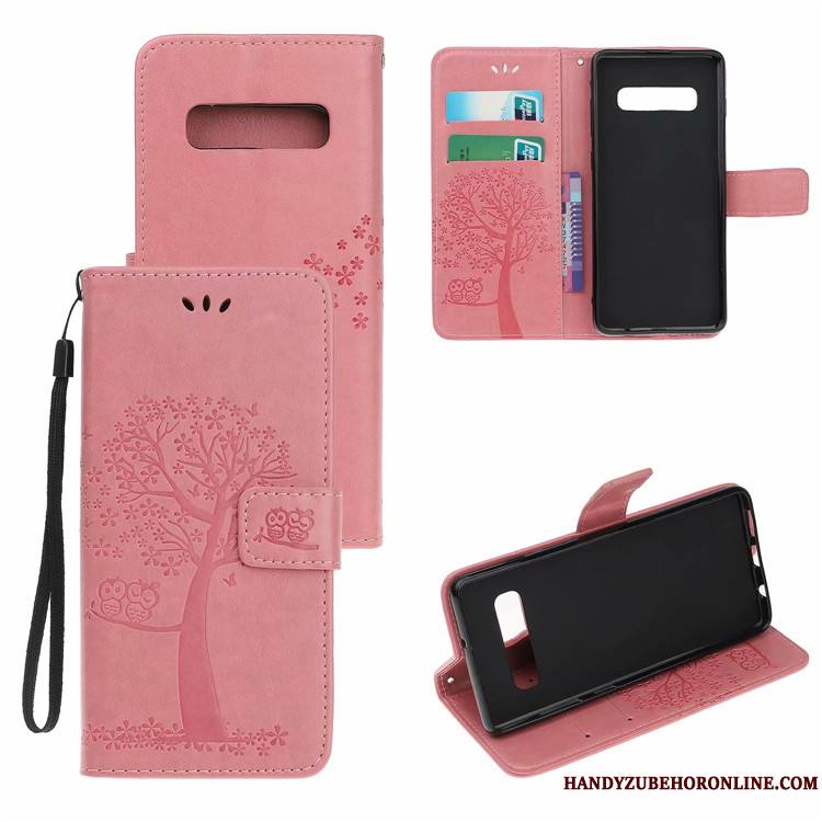 Samsung Galaxy S10 Coque De Téléphone Étui En Cuir Rouge Chat Arbres Étoile Dessin Animé