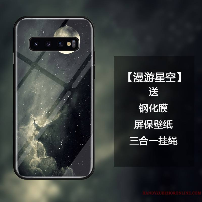 Samsung Galaxy S10+ Coque Mode Étoile Verre Trempé Noir Tout Compris Étui Net Rouge