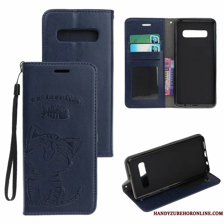 Samsung Galaxy S10 Étoile Housse Coque De Téléphone Incassable Bleu Étui En Cuir Chat