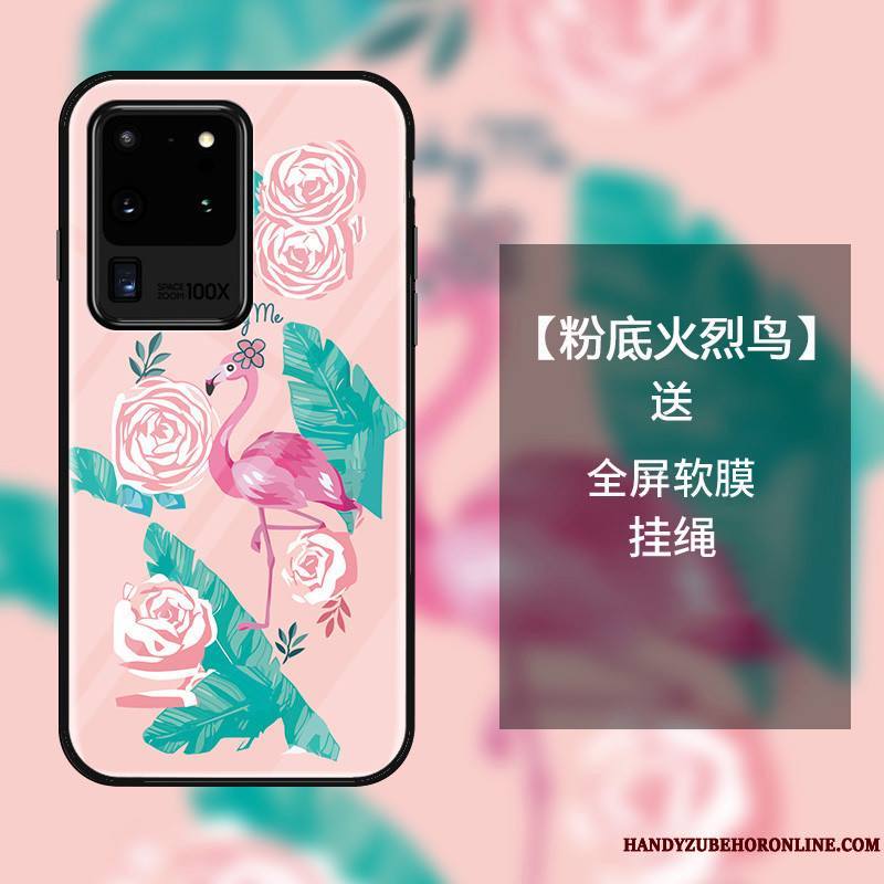 Samsung Galaxy S20 Ultra Coque Personnalité Oiseau Verre Étui Dessin Animé Étoile Rose