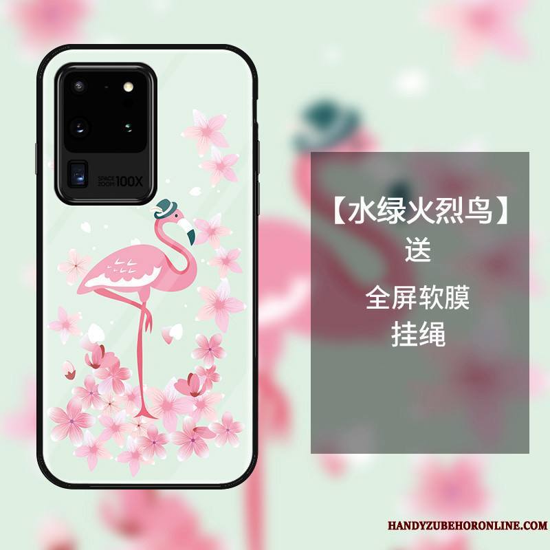 Samsung Galaxy S20 Ultra Coque Personnalité Oiseau Verre Étui Dessin Animé Étoile Rose