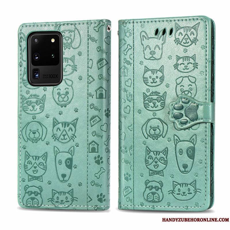 Samsung Galaxy S20 Ultra Dessin Animé Ornements Suspendus Coque De Téléphone Gaufrage Étui En Cuir Housse Vert