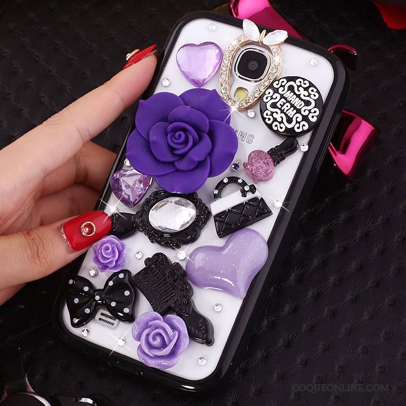 Samsung Galaxy S4 Noir Transparent Fleurs Coque Étui Ornements Suspendus Protection