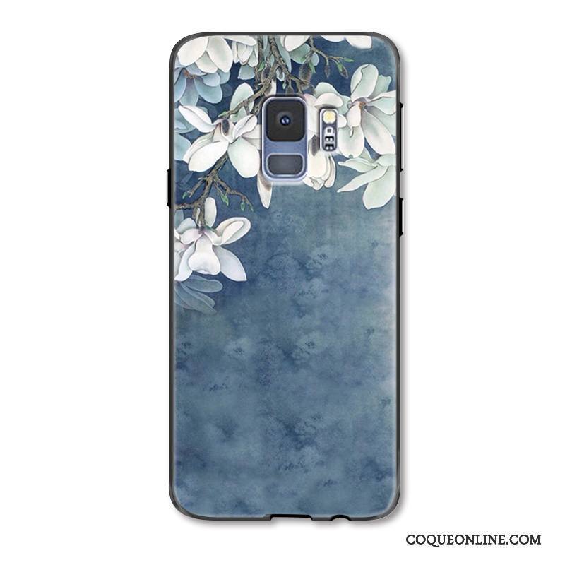 Samsung Galaxy S9+ Coque Simple Incassable Bleu Art Silicone Étoile Fleur