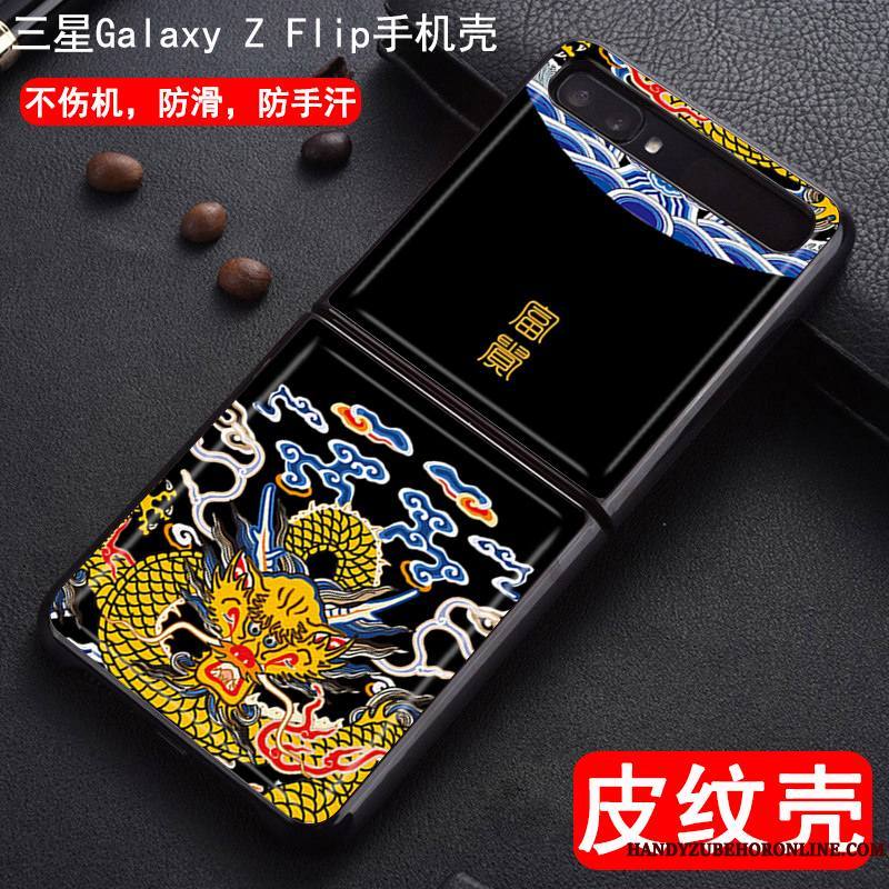 Samsung Z Flip Plier Noir Étui En Cuir Protection Coque Dragon Peinture