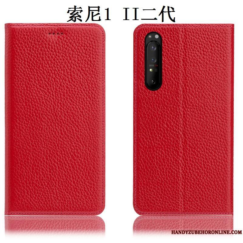 Sony Xperia 1 Ii Étui Protection Cuir Véritable Incassable Coque De Téléphone Rouge Litchi