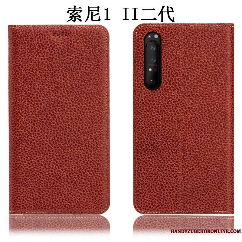 Sony Xperia 1 Ii Étui Protection Cuir Véritable Incassable Coque De Téléphone Rouge Litchi