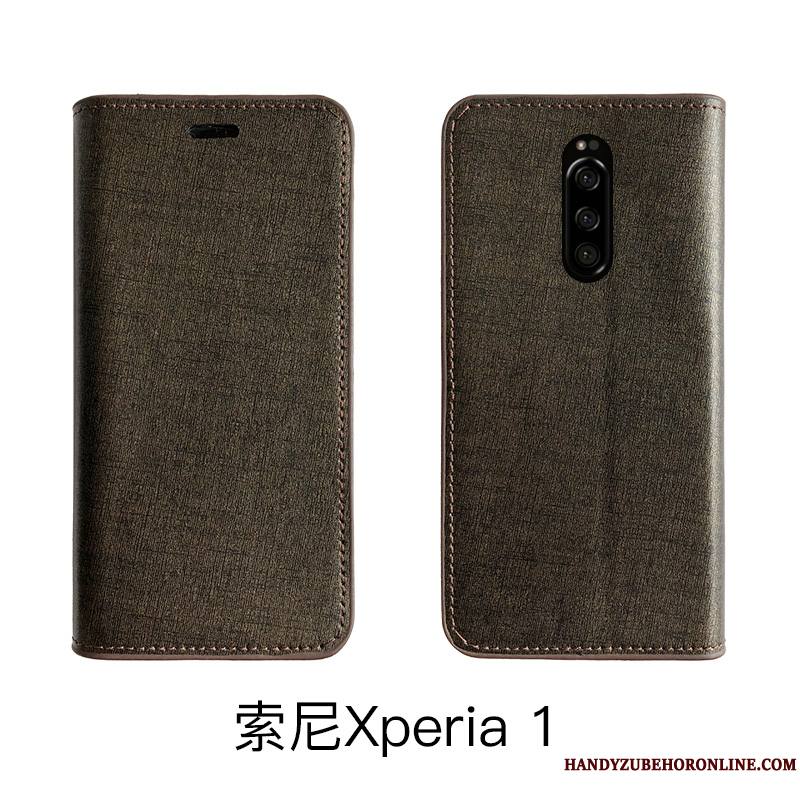 Sony Xperia 1 Luxe Housse Coque De Téléphone Gris Cuir Véritable Tout Compris Étui En Cuir