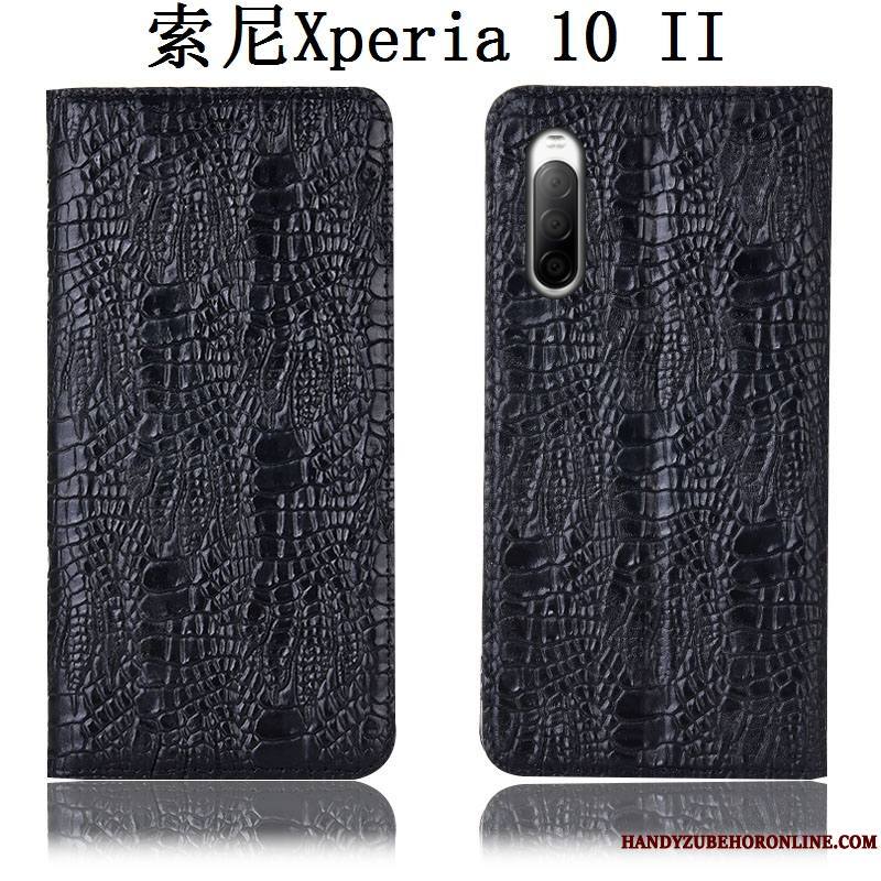 Sony Xperia 10 Ii Cuir Véritable Protection Crocodile Noir Coque De Téléphone Étui Housse