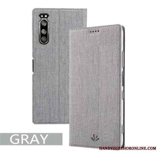 Sony Xperia 5 Coque Carte Modèle Fleurie Étui En Cuir Tissu Incassable Gris Support