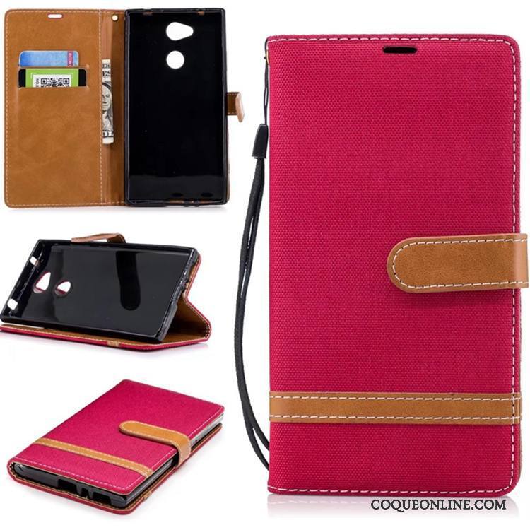 Sony Xperia L2 Coque Support Pure Portefeuille Étui En Cuir Téléphone Portable En Denim Rouge