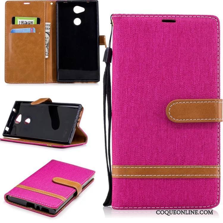 Sony Xperia L2 Coque Support Pure Portefeuille Étui En Cuir Téléphone Portable En Denim Rouge