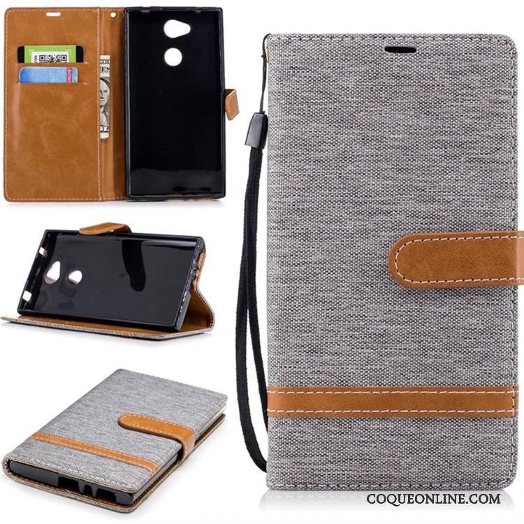 Sony Xperia L2 Coque Support Pure Portefeuille Étui En Cuir Téléphone Portable En Denim Rouge