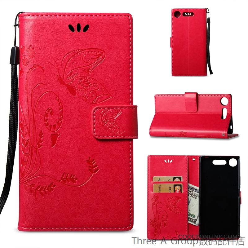 Sony Xperia Xz1 Téléphone Portable Carte Protection Étui En Cuir Housse Rouge Coque