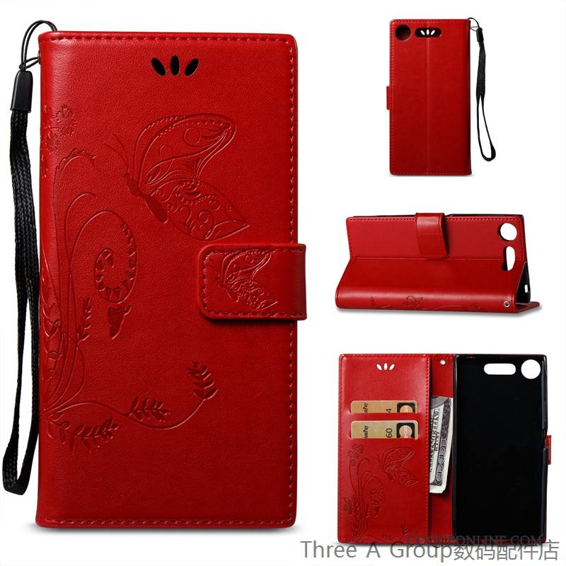 Sony Xperia Xz1 Téléphone Portable Carte Protection Étui En Cuir Housse Rouge Coque