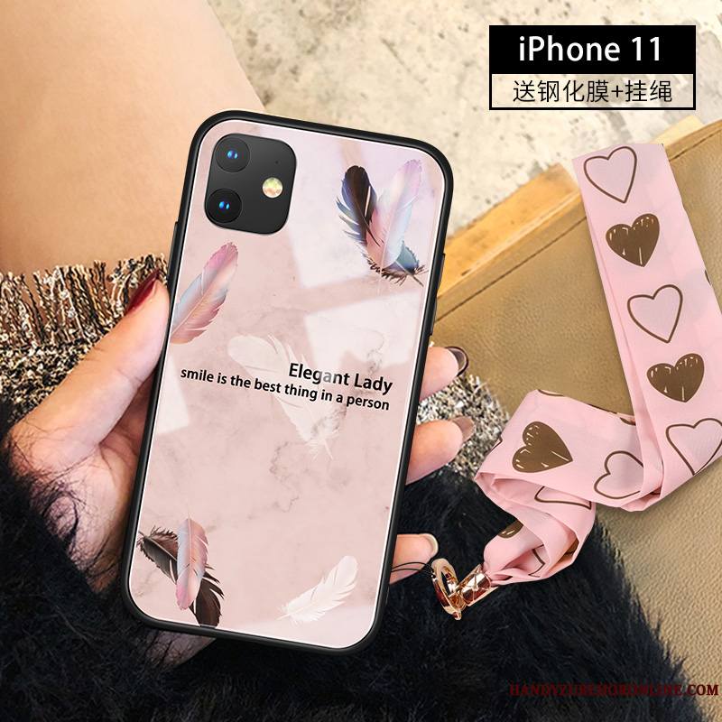 iPhone 11 Nouveau Plume Verre Rose Luxe Tendance Coque De Téléphone