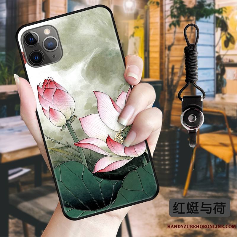 iPhone 11 Pro Max Délavé En Daim Style Chinois Noir Coque Vert Fluide Doux Protection