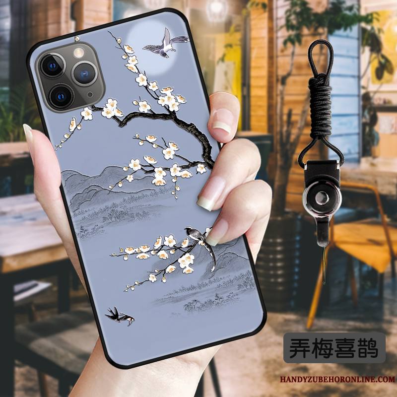 iPhone 11 Pro Max Délavé En Daim Style Chinois Noir Coque Vert Fluide Doux Protection
