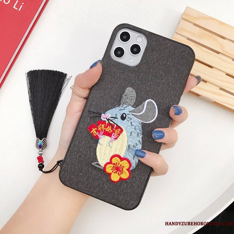 iPhone 11 Pro Max Peluche Rat Étui Broderie Coque De Téléphone Fluide Doux Noir