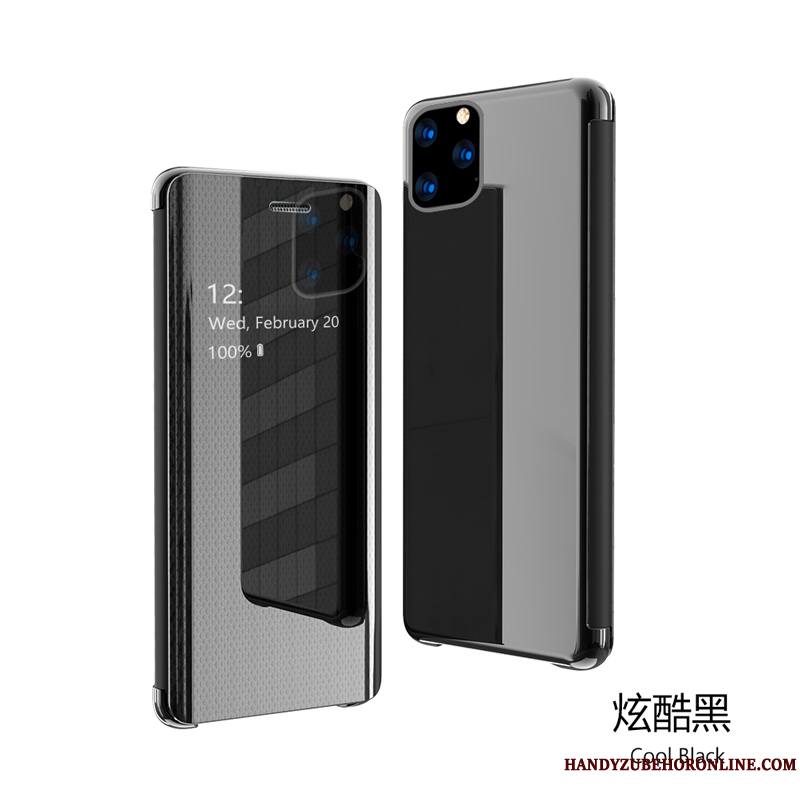 iPhone 11 Pro Max Étui En Cuir Housse Argent Modèle Fleurie Coque De Téléphone Transparent Miroir