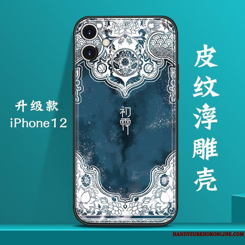 iPhone 12 Coque Créatif Vent Tout Compris Bleu Cuir Incassable Modèle Fleurie