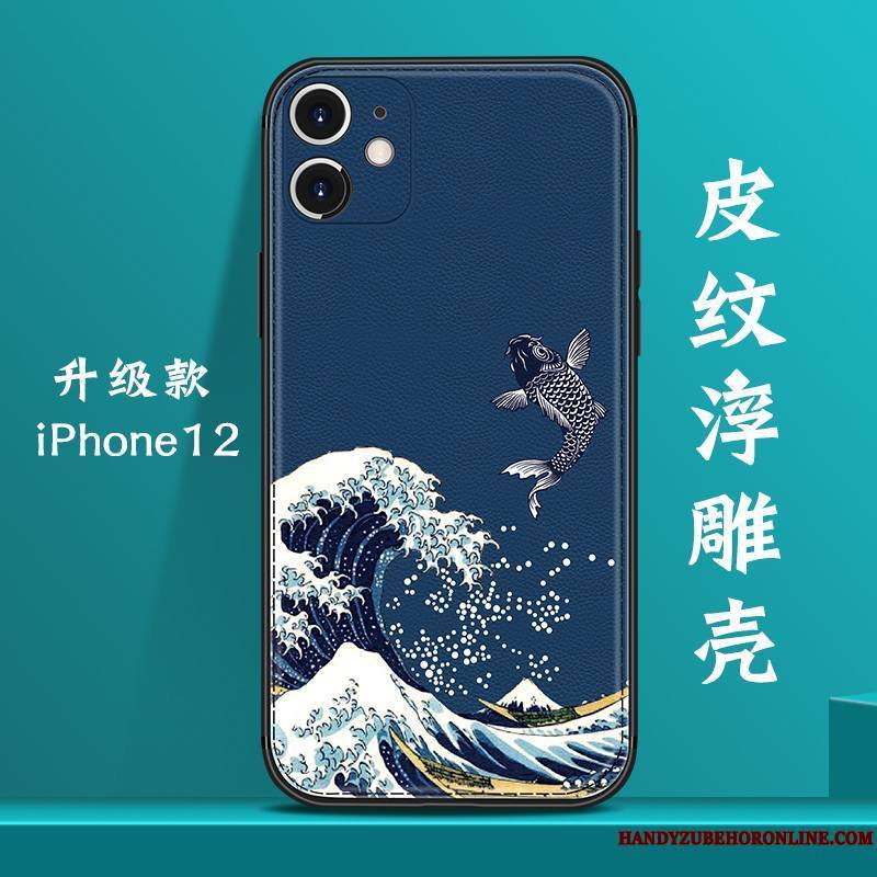iPhone 12 Coque Créatif Vent Tout Compris Bleu Cuir Incassable Modèle Fleurie