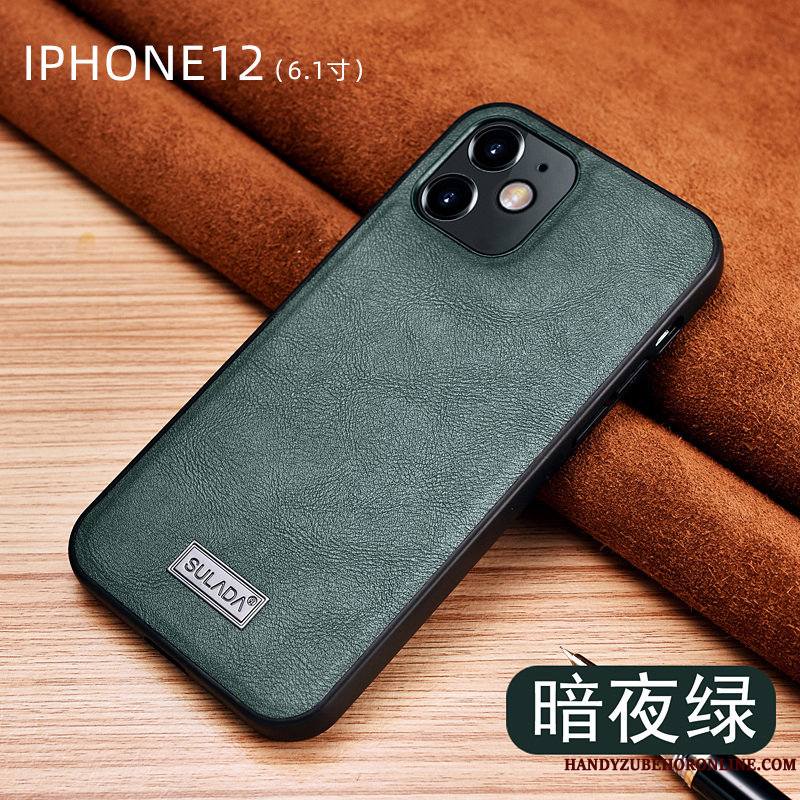 iPhone 12 Coque Cuir Tout Compris Vert Modèle Délavé En Daim Incassable Étui En Cuir