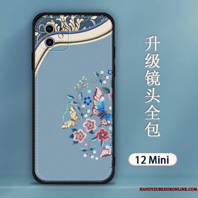 iPhone 12 Mini Coque De Téléphone Incassable Délavé En Daim Modèle Fleurie Étui Personnalité Style Chinois