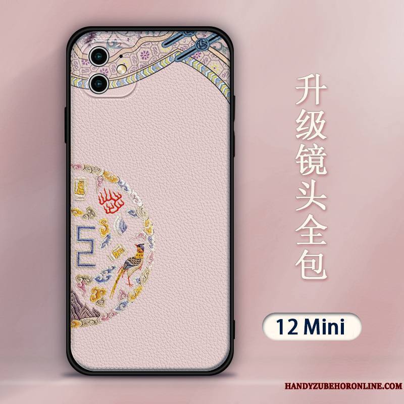 iPhone 12 Mini Coque De Téléphone Incassable Délavé En Daim Modèle Fleurie Étui Personnalité Style Chinois