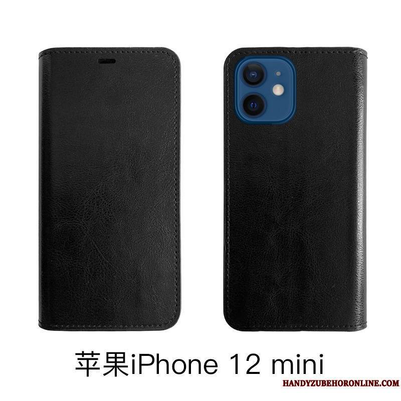 iPhone 12 Mini Coque Housse Protection Étui Bovins Étui En Cuir Cuir Véritable Noir