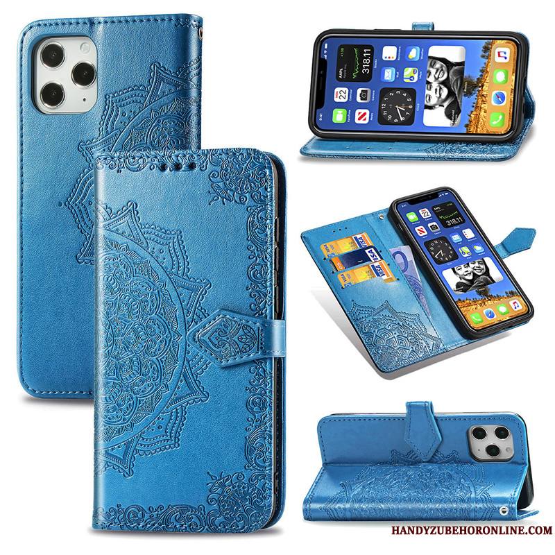 iPhone 12 Pro Max Similicuir Bleu Couleur Unie Gaufrage Housse En Relief Coque De Téléphone