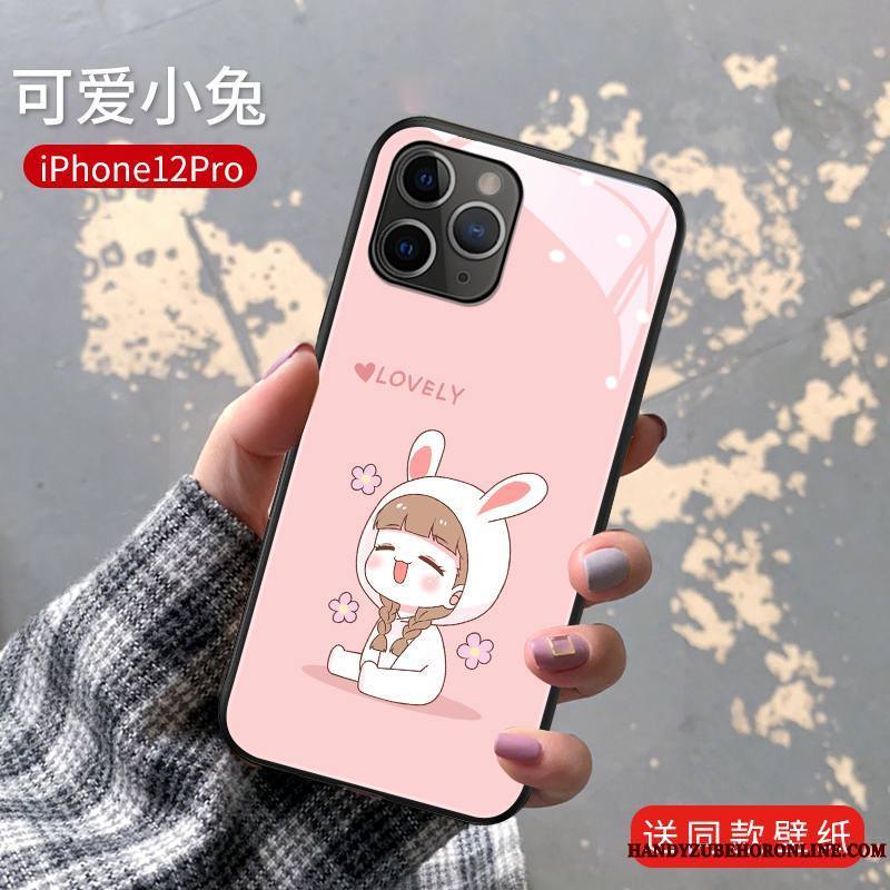 iPhone 12 Pro Petit Amoureux Lapin Rose Dessin Animé Coque De Téléphone Verre