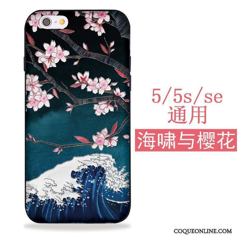 iPhone 5/5s Coque Grue Sakura Chat Étui Fluide Doux Noir Tout Compris