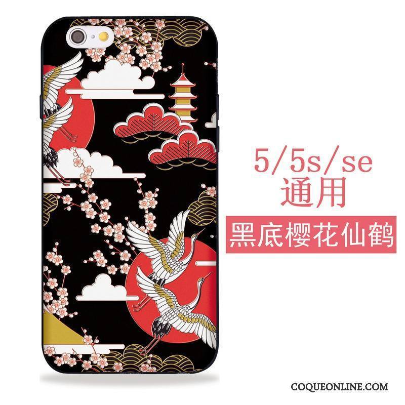 iPhone 5/5s Coque Grue Sakura Chat Étui Fluide Doux Noir Tout Compris