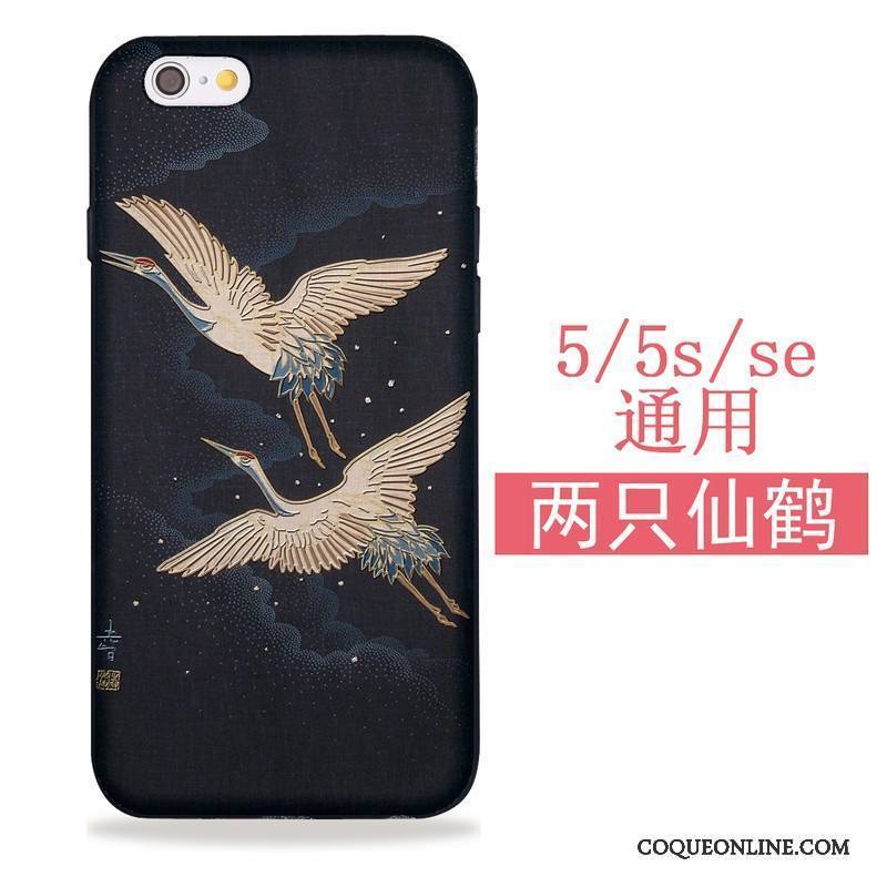 iPhone 5/5s Coque Grue Sakura Chat Étui Fluide Doux Noir Tout Compris