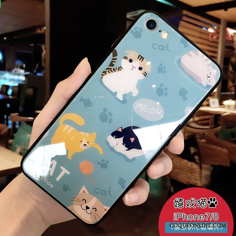 iPhone 7 Coque Bleu Clair Dessin Animé Marque De Tendance Verre Incassable Protection