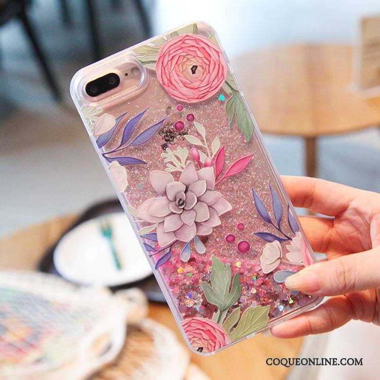 iPhone 7 Plus Quicksand Rose Fleurs Liquide Oiseau Coque De Téléphone