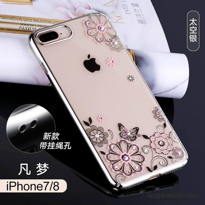 iPhone 8 Coque Argent Nouveau Strass Transparent Luxe Incassable Étui