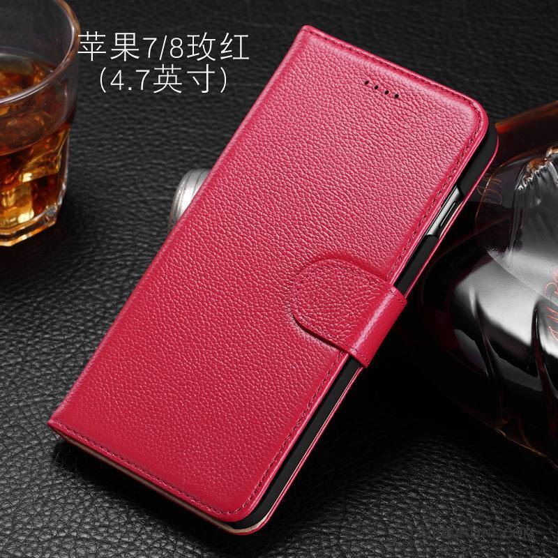 iPhone 8 Coque Étui En Cuir Incassable Protection Clamshell Vin Rouge Cuir Véritable Tout Compris